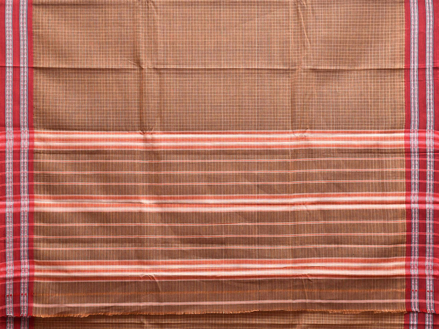 Fawn and Red Narayanpet Cotton Handloom Saree with Checks Design No Blouse np1285