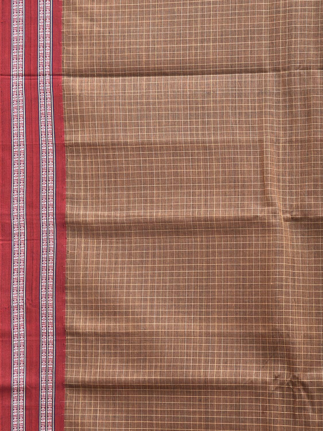 Fawn and Red Narayanpet Cotton Handloom Saree with Checks Design No Blouse np1285