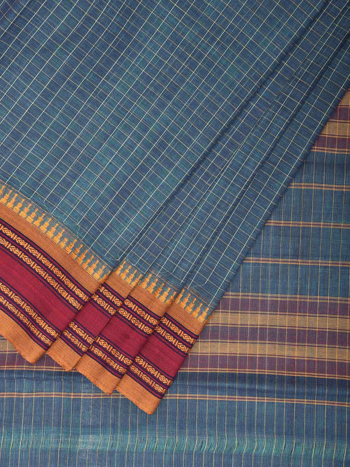 Teal and Yellow Narayanpet Cotton Handloom Saree with Checks Design No Blouse np1287