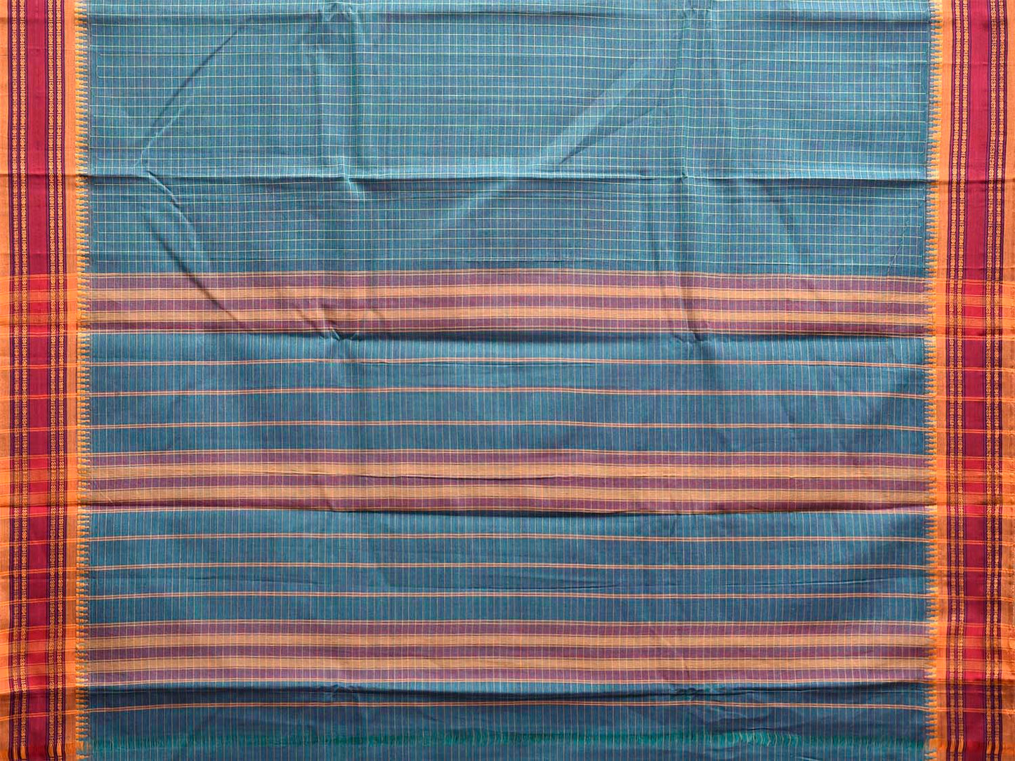 Teal and Yellow Narayanpet Cotton Handloom Saree with Checks Design No Blouse np1287