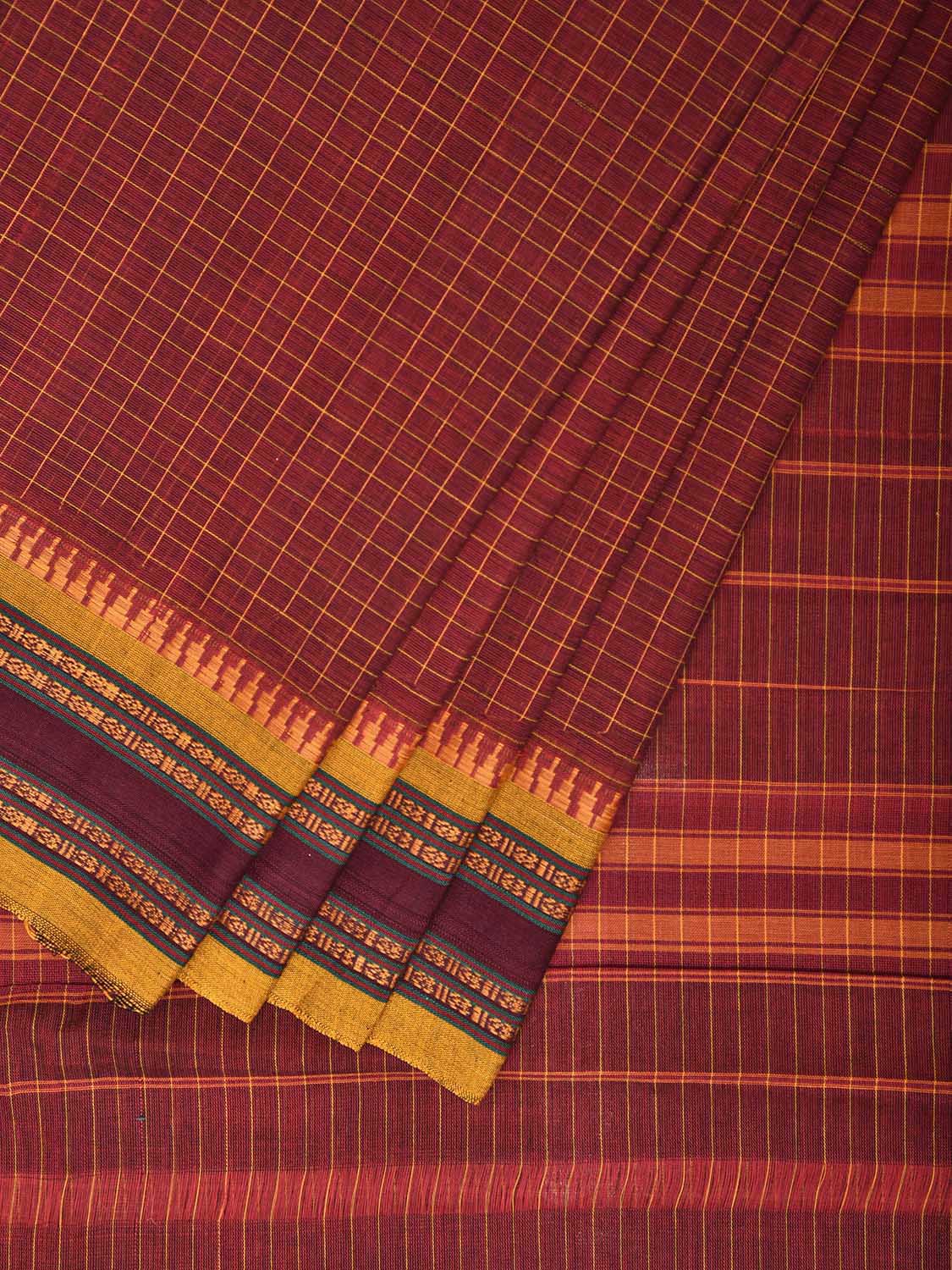 Dark Red and Yellow Narayanpet Cotton Handloom Saree with Checks Design No Blouse np1288
