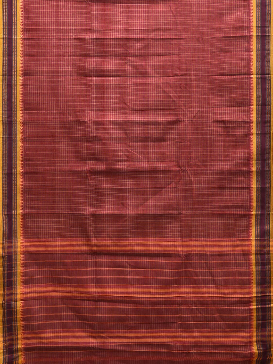 Dark Red and Yellow Narayanpet Cotton Handloom Saree with Checks Design No Blouse np1288