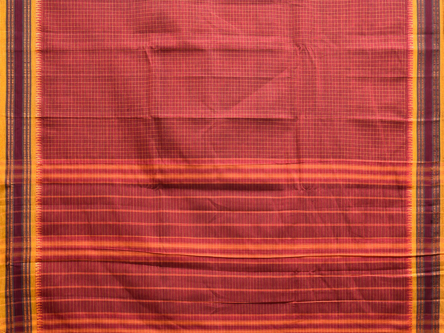 Dark Red and Yellow Narayanpet Cotton Handloom Saree with Checks Design No Blouse np1288