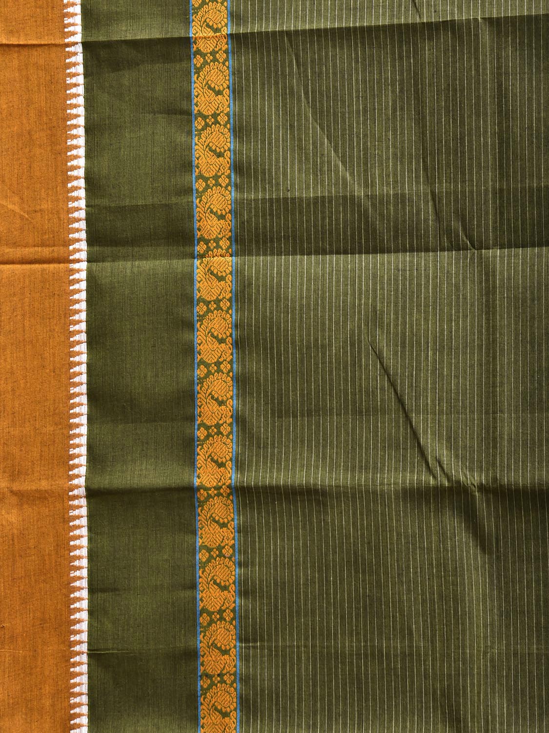 Dark Green and Yellow Narayanpet Cotton Handloom Saree with Strips and Big Border Design No Blouse np1291