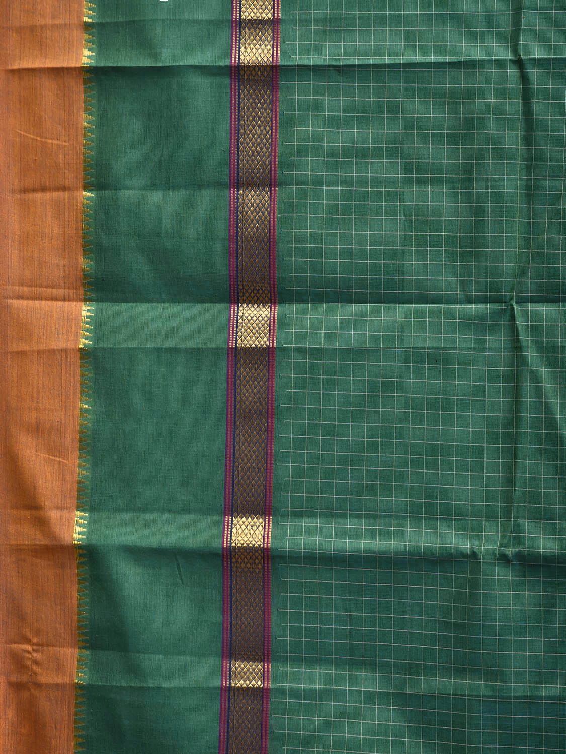 Green Narayanpet Cotton Handloom Saree with Checks and Big Border Design No Blouse np1297
