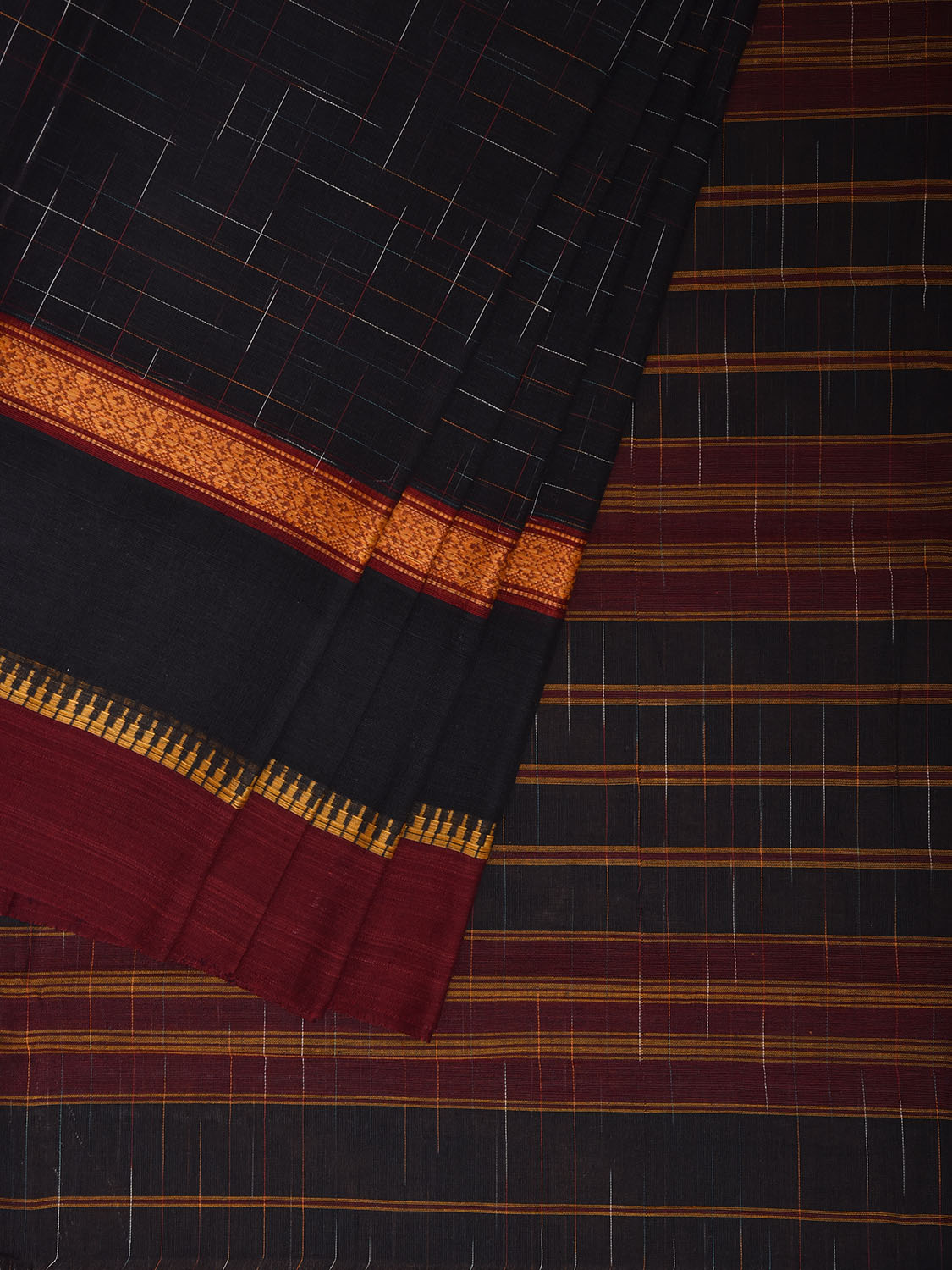 Black and Red Narayanpet Cotton Handloom Saree with Checks and Big Border Design No Blouse np1298
