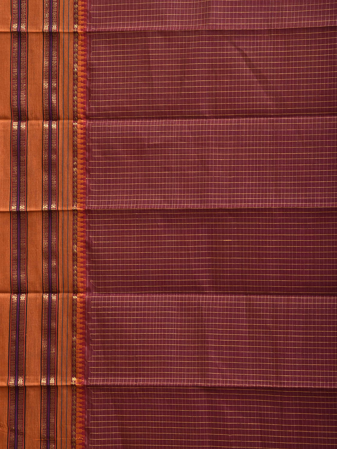 Maroon and Mustard Narayanpet Cotton Handloom Saree with Checks Design No Blouse np1307