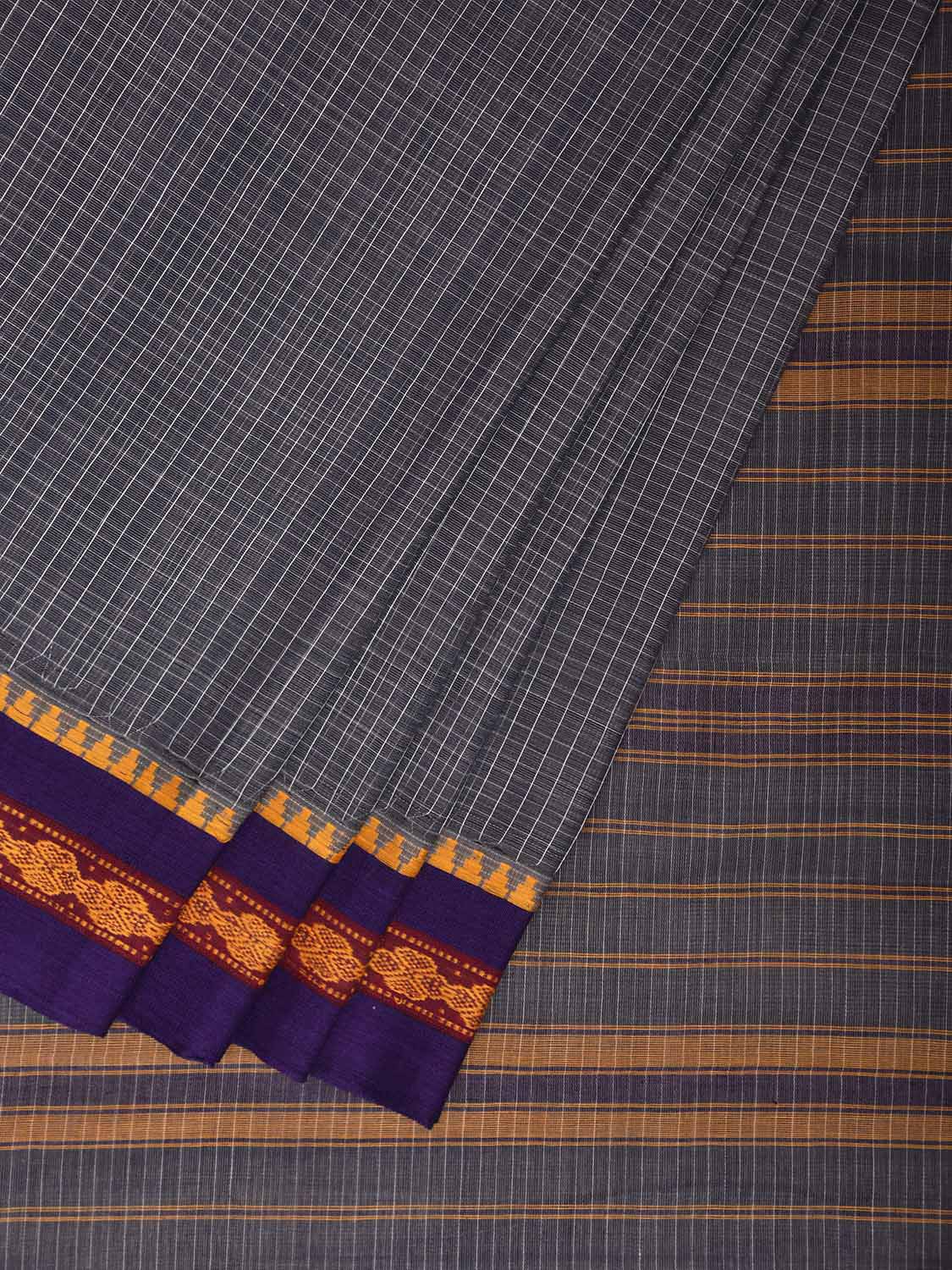 Grey and Purple Narayanpet Cotton Handloom Saree with Checks Design No Blouse np1309