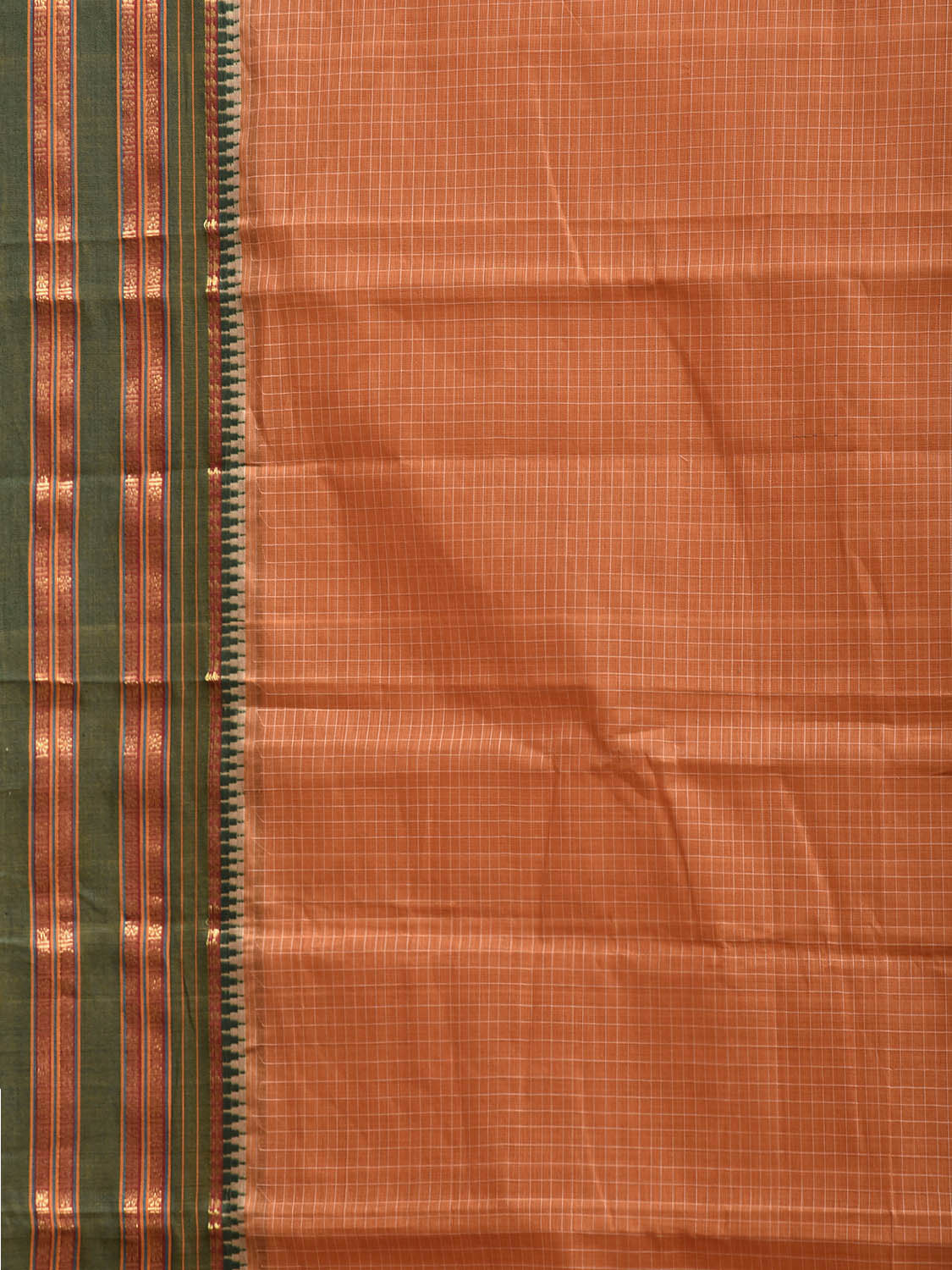Light Orange and Green Narayanpet Cotton Handloom Saree with Checks Design No Blouse np1313