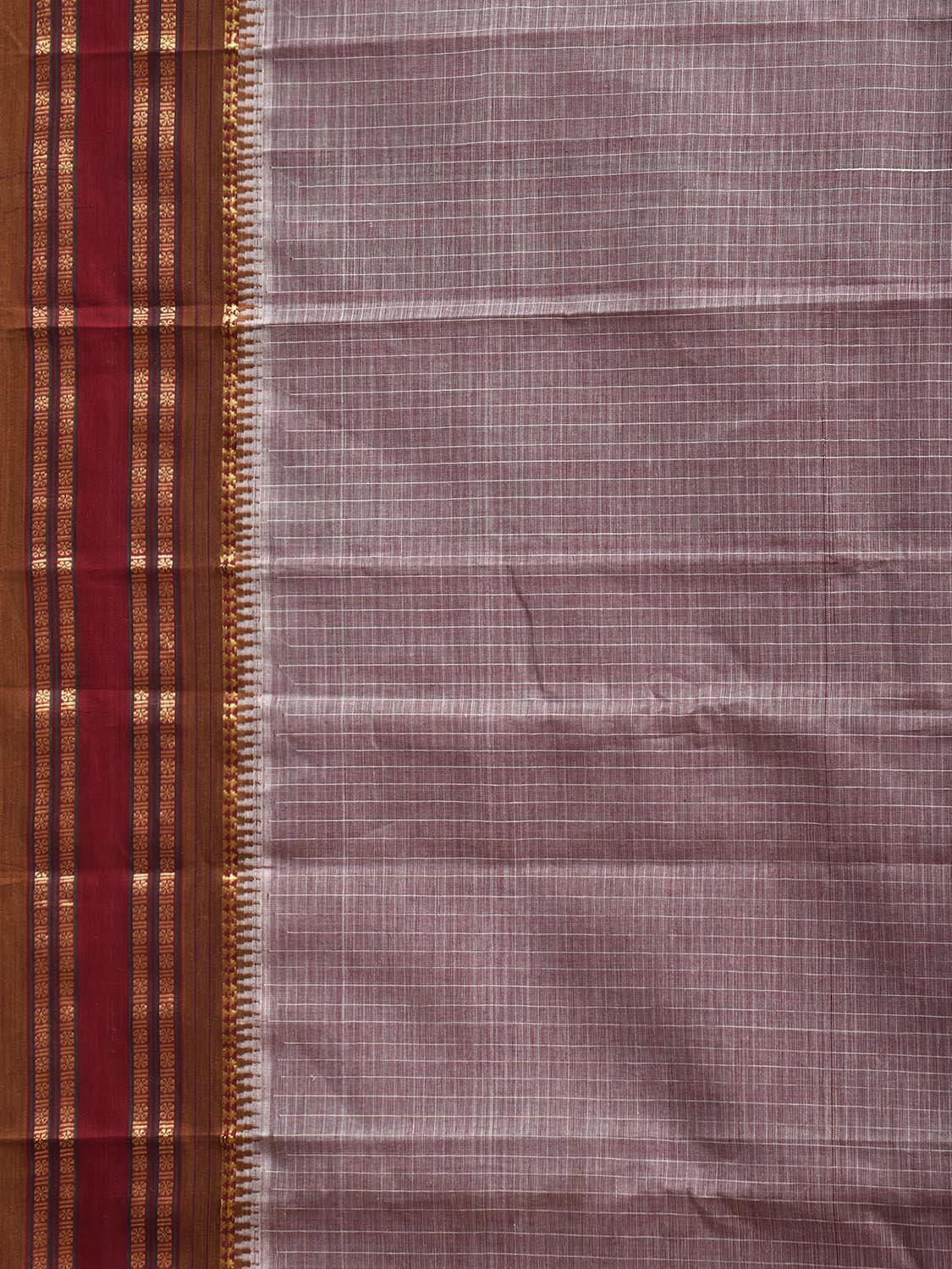 Light Peach and Dark Fawn Narayanpet Cotton Handloom Saree with Checks Design No Blouse np1323