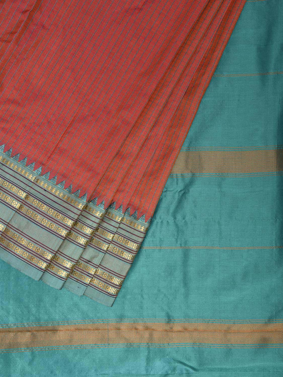 Orange and Turquoise Narayanpet Silk Saree with Checks and Contrast Pallu Design np1328