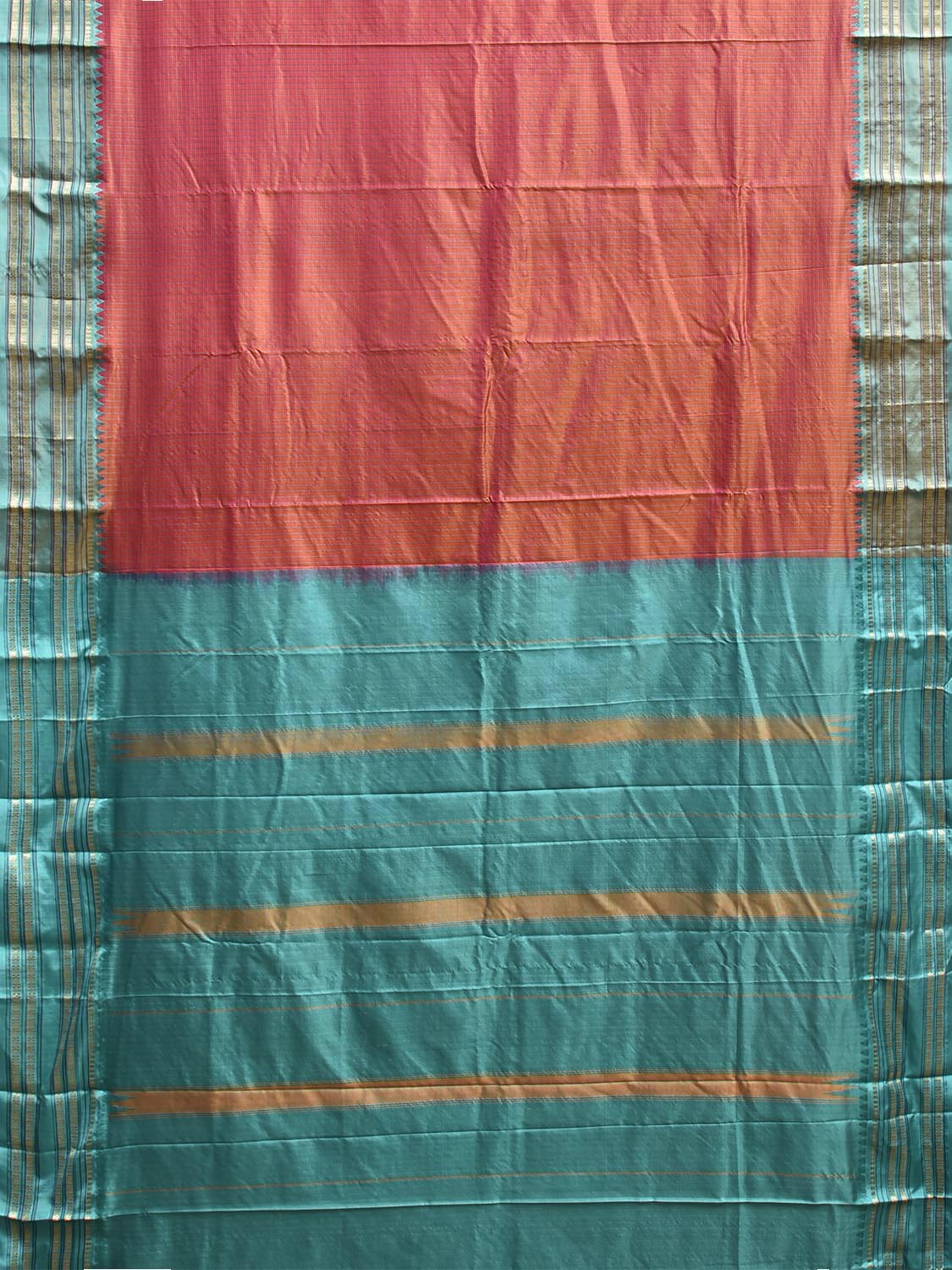 Orange and Turquoise Narayanpet Silk Saree with Checks and Contrast Pallu Design np1328