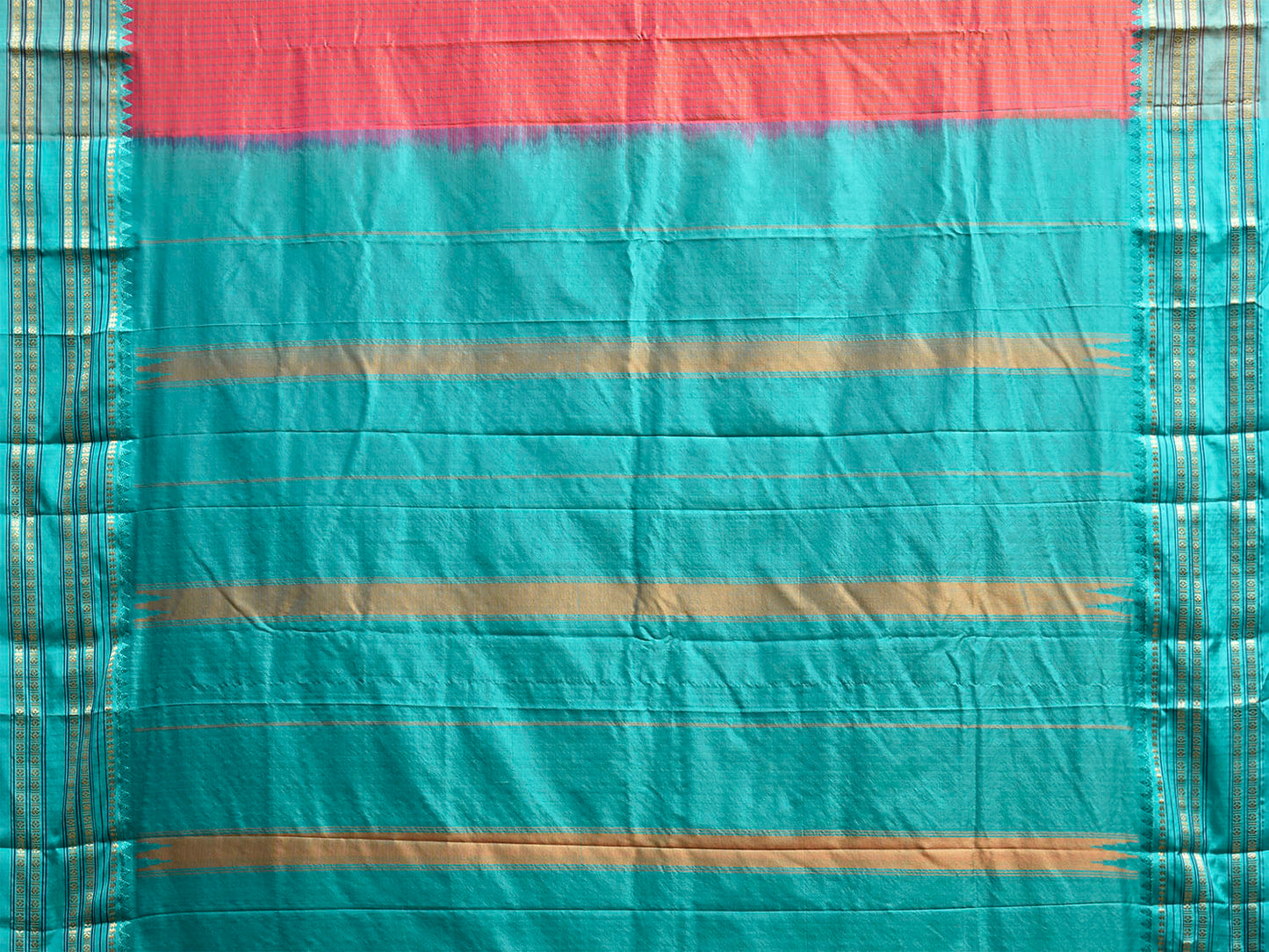 Orange and Turquoise Narayanpet Silk Saree with Checks and Contrast Pallu Design np1328