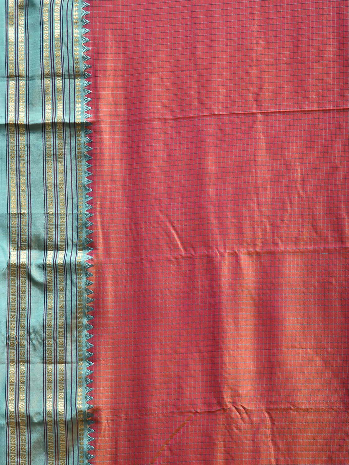 Orange and Turquoise Narayanpet Silk Saree with Checks and Contrast Pallu Design np1328