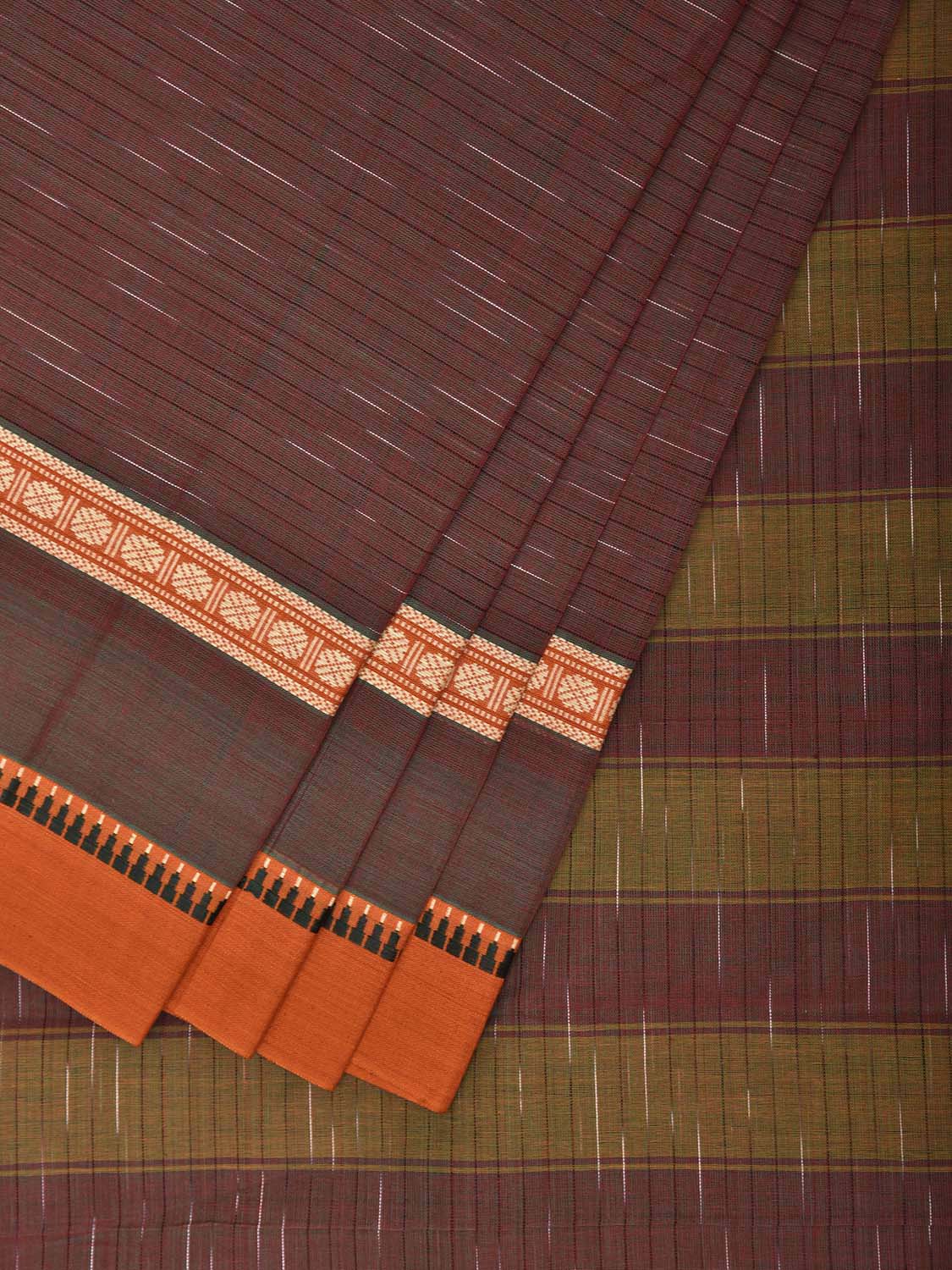 Dark Rust and Orange Narayanpet Cotton Handloom Saree with Strips Pallu Design No Blouse np1335