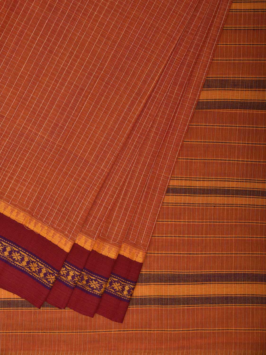 Orange and Red Narayanpet Cotton Handloom Saree with Checks Design No Blouse np1337