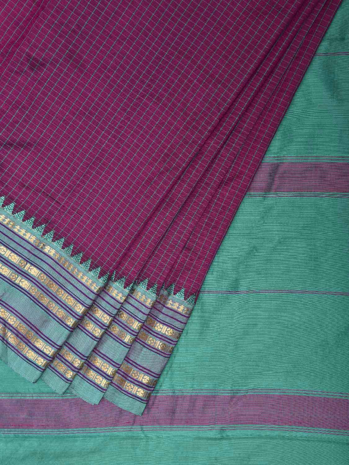Purple and Turquoise Narayanpet Silk Saree with Checks Design np1345