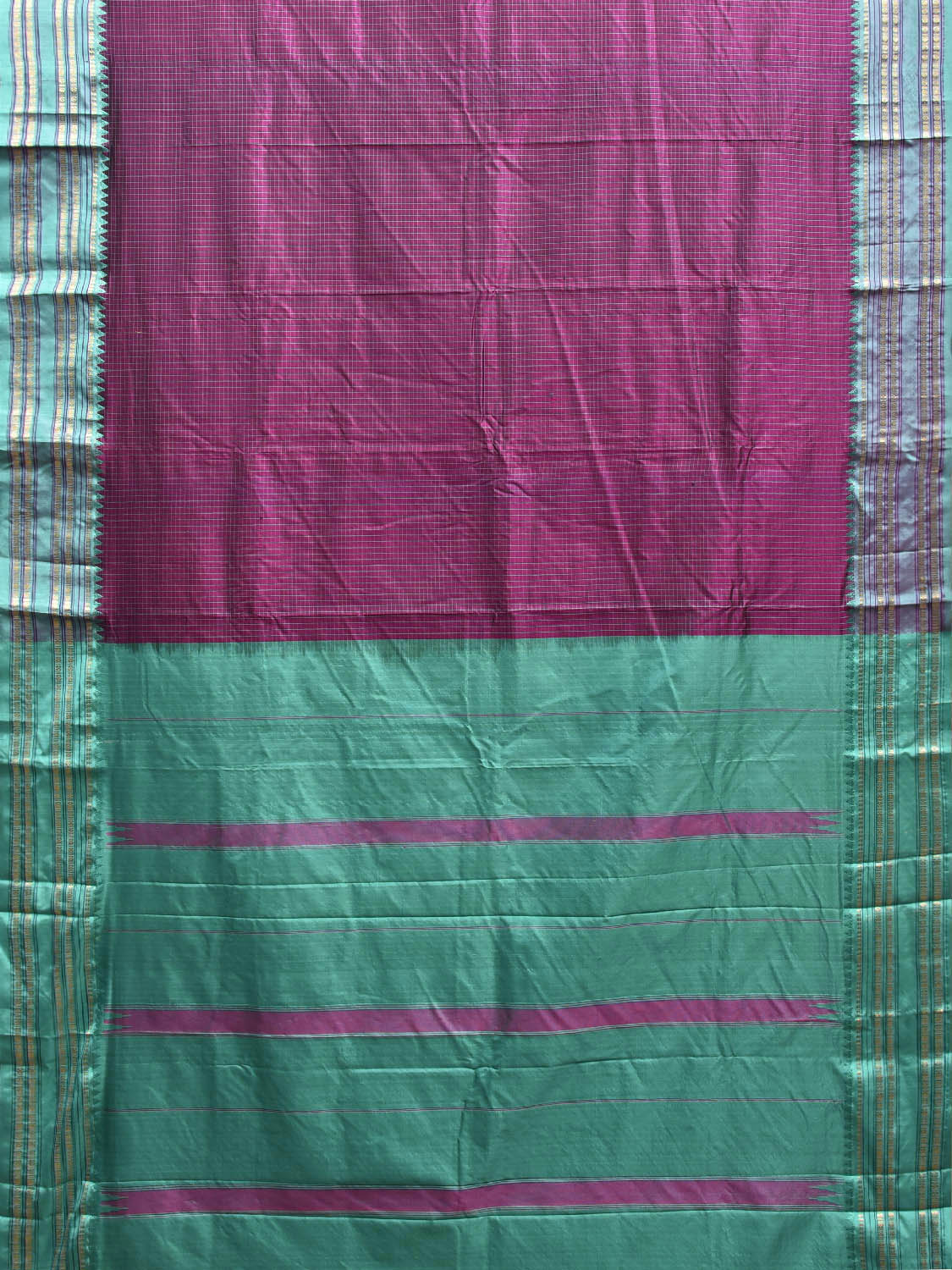 Purple and Turquoise Narayanpet Silk Saree with Checks Design np1345