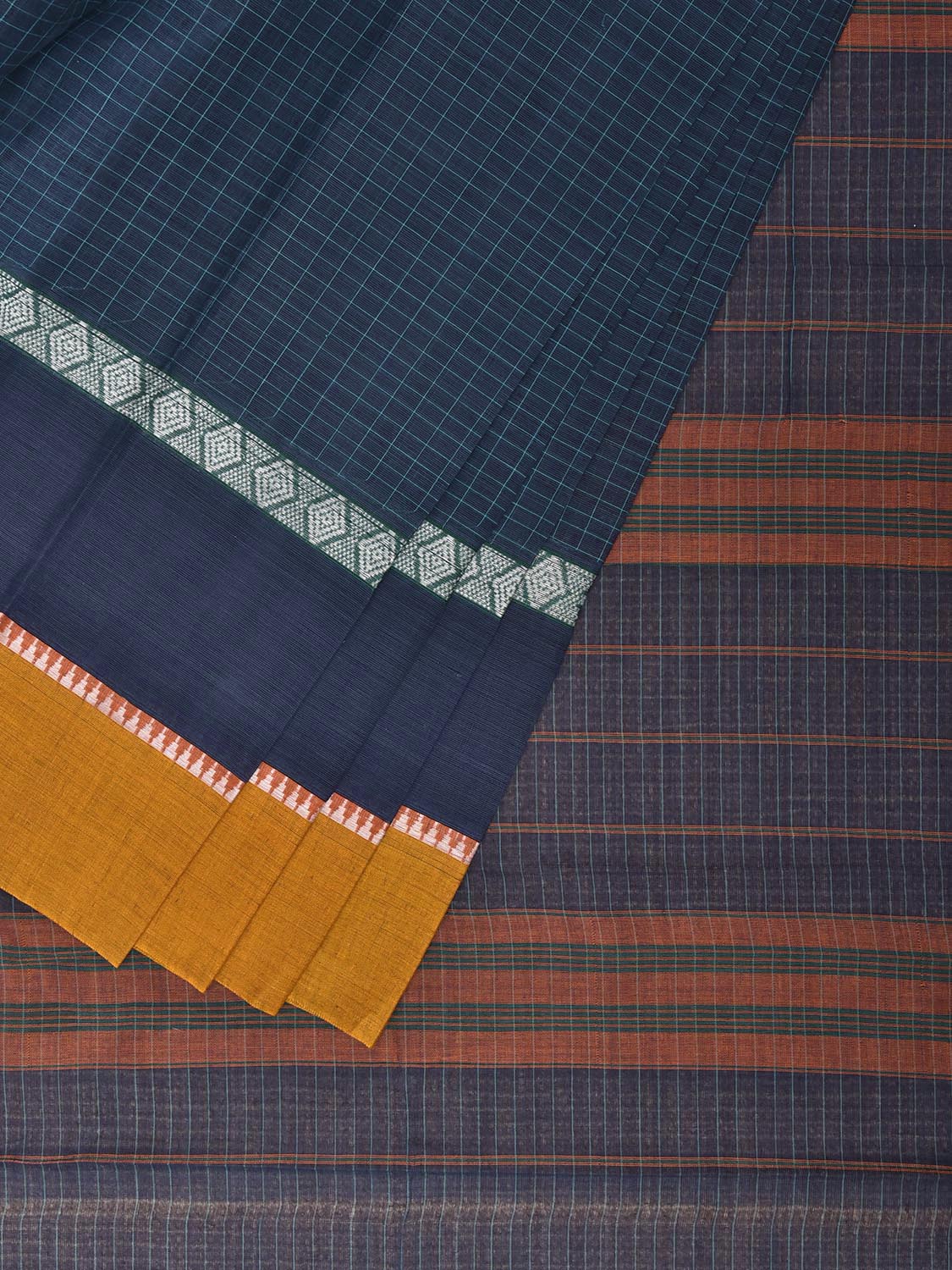 Dark Blue and Yellow Narayanpet Cotton Handloom Saree with Big Border Design No Blouse np1346