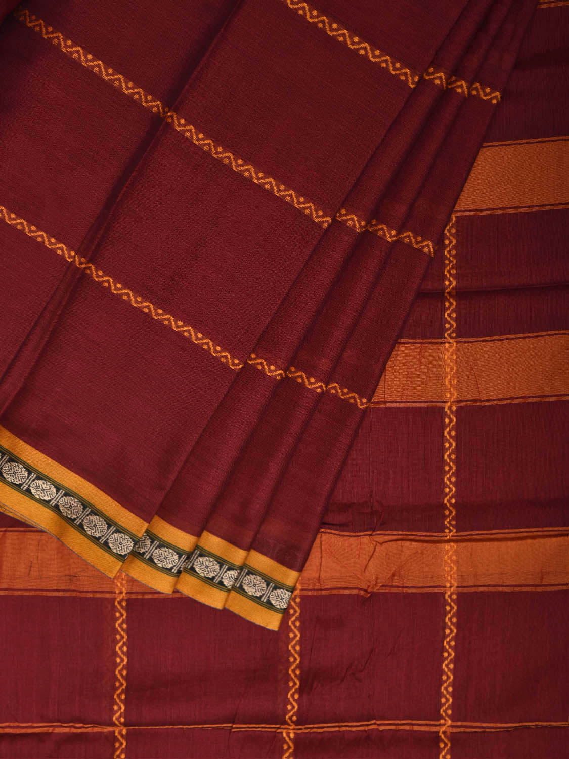 Dark Red and Yellow Narayanpet Cotton Saree with Strips Design No Blouse np1364