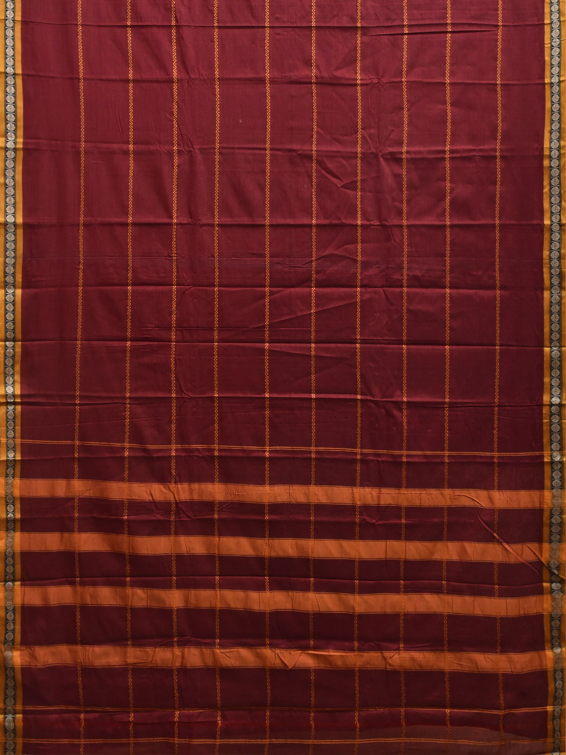 Dark Red and Yellow Narayanpet Cotton Saree with Strips Design No Blouse np1364