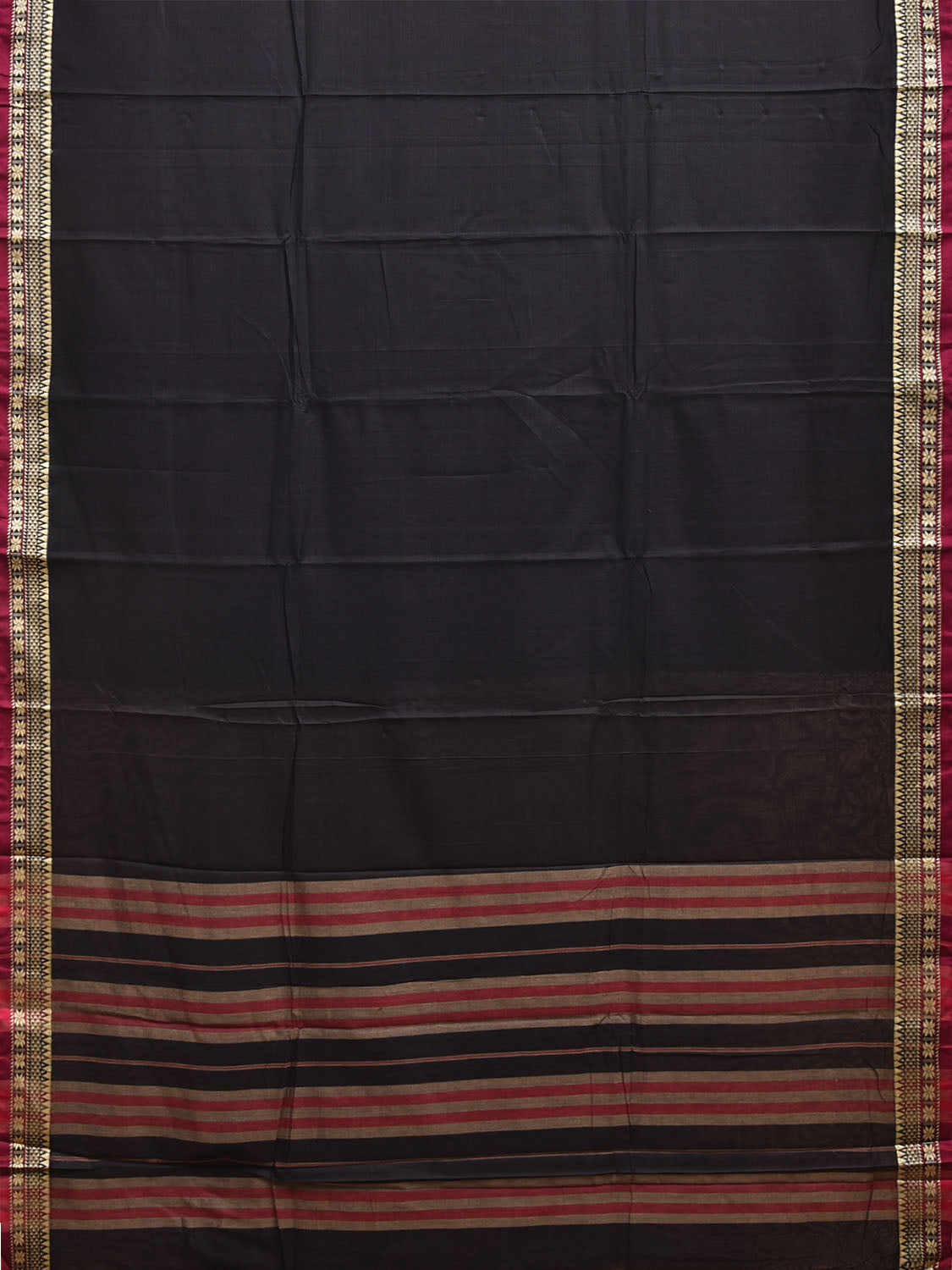 Black Narayanpet Cotton Plain Saree with Strips Pallu Design No Blouse np1388