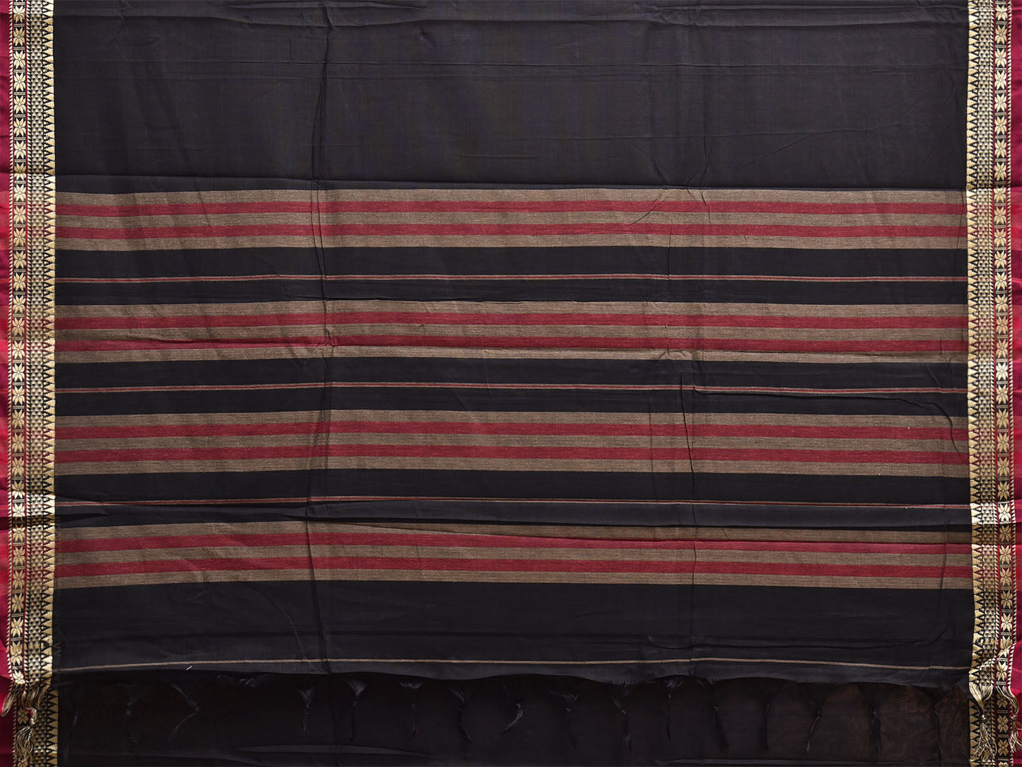 Black Narayanpet Cotton Plain Saree with Strips Pallu Design No Blouse np1388