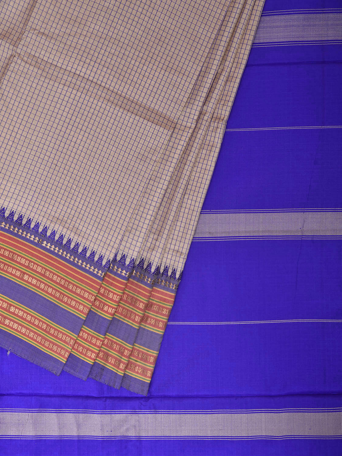 White and Blue Narayanpet Silk Saree with Check Design np1394