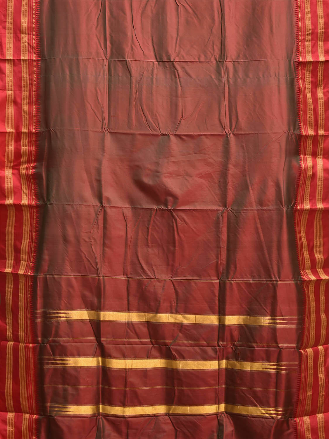 Brown and Red Narayanpet Silk Plain Saree with Contrast Pallu Design np1399