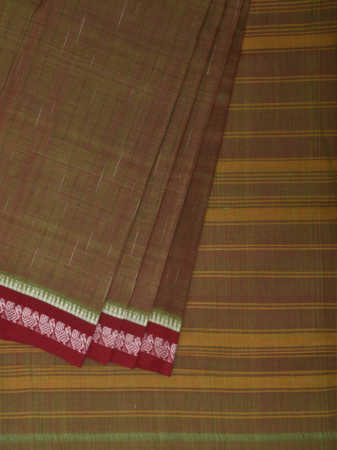 Olive and Dark Red Narayanpet Cotton Handloom Saree with Strips Pallu Design No Blouse np1402