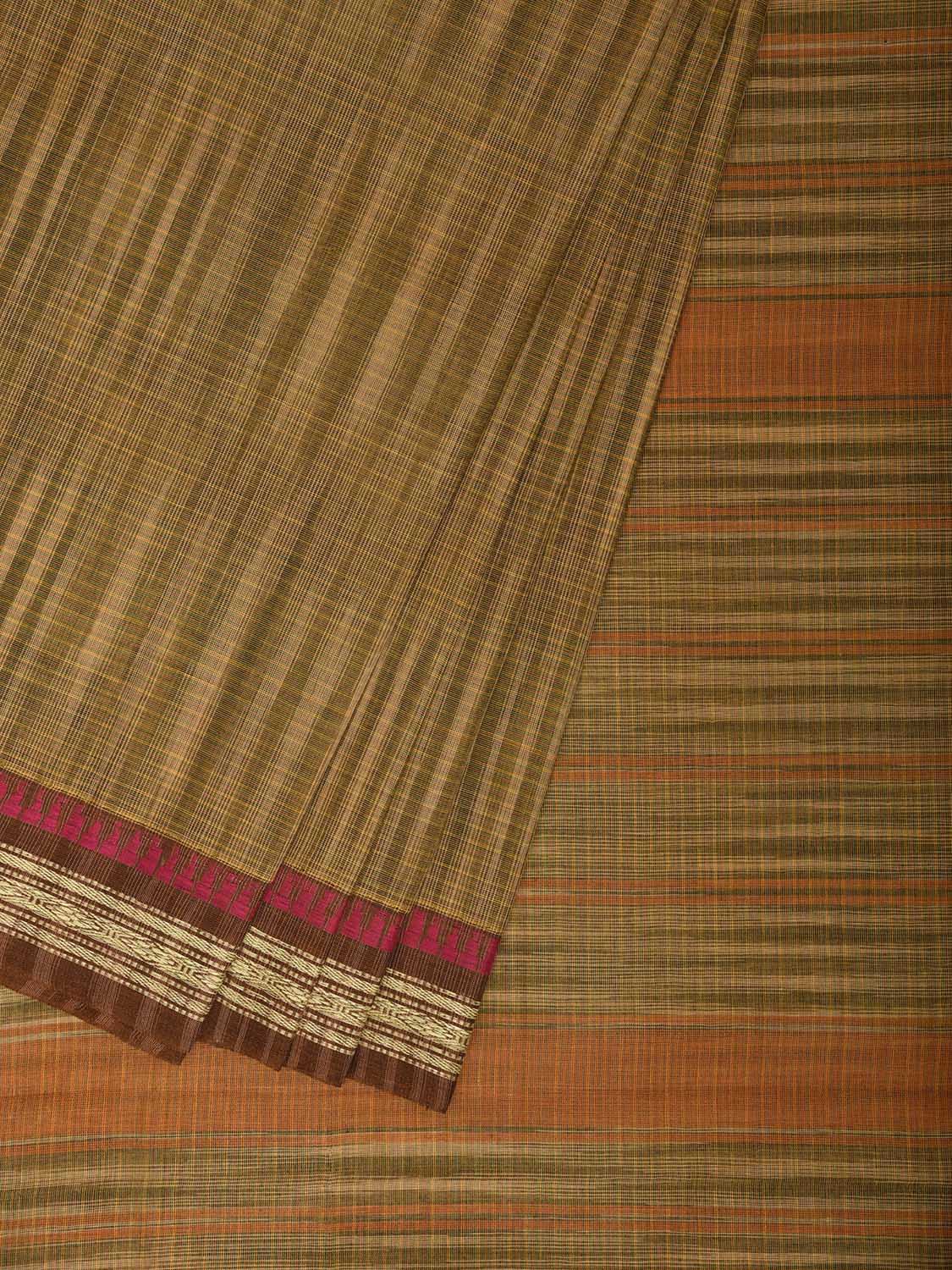 Olive and Orange Narayanpet Cotton Handloom Saree with Strips Design No Blouse np1404