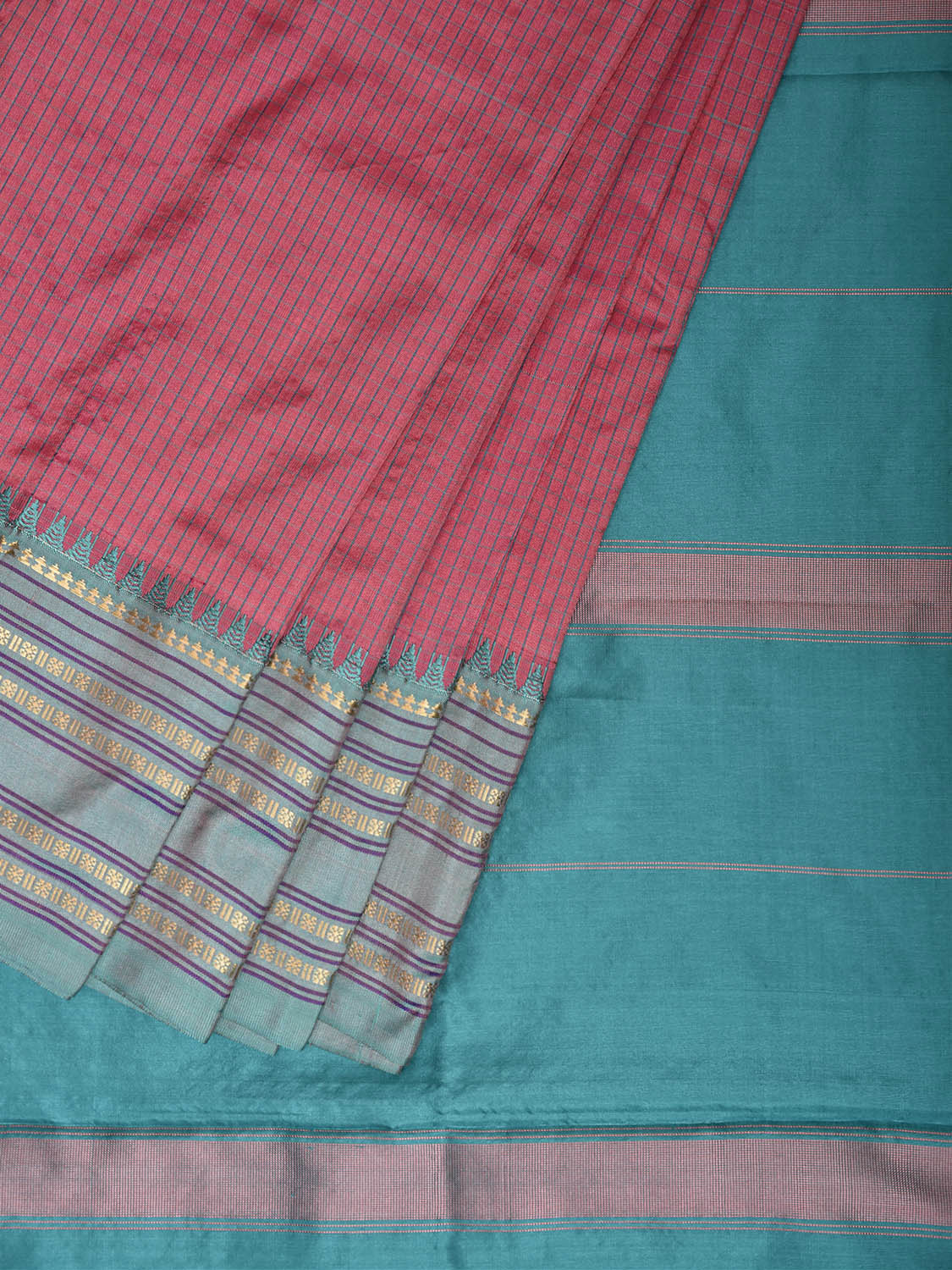 Peach and Turquoise Narayanpet Silk Saree with Checks and Contrast Pallu Design np1409