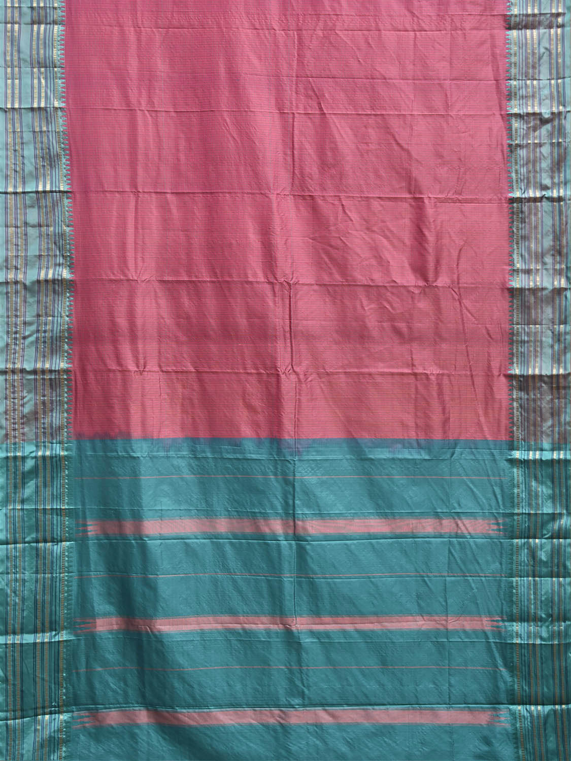 Peach and Turquoise Narayanpet Silk Saree with Checks and Contrast Pallu Design np1409