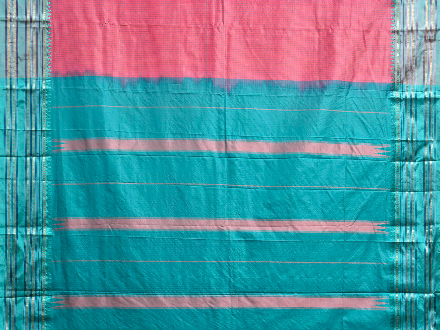 Peach and Turquoise Narayanpet Silk Saree with Checks and Contrast Pallu Design np1409