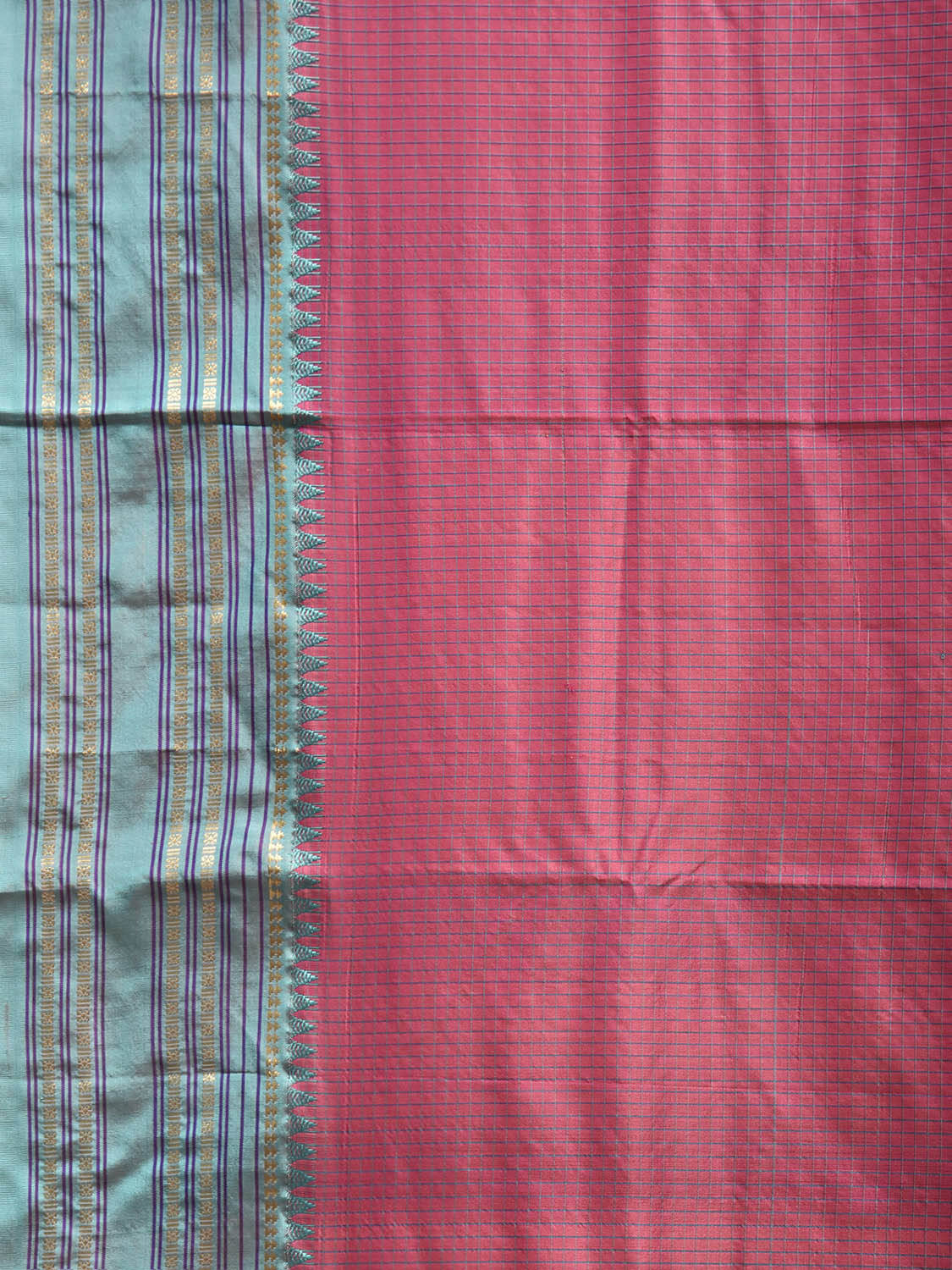 Peach and Turquoise Narayanpet Silk Saree with Checks and Contrast Pallu Design np1409