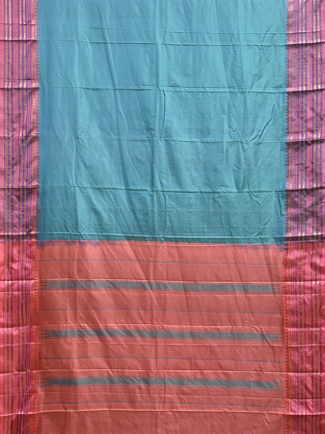 Light Blue and Peach Narayanpet Silk Saree with Checks and Contrast Pallu Design np1410