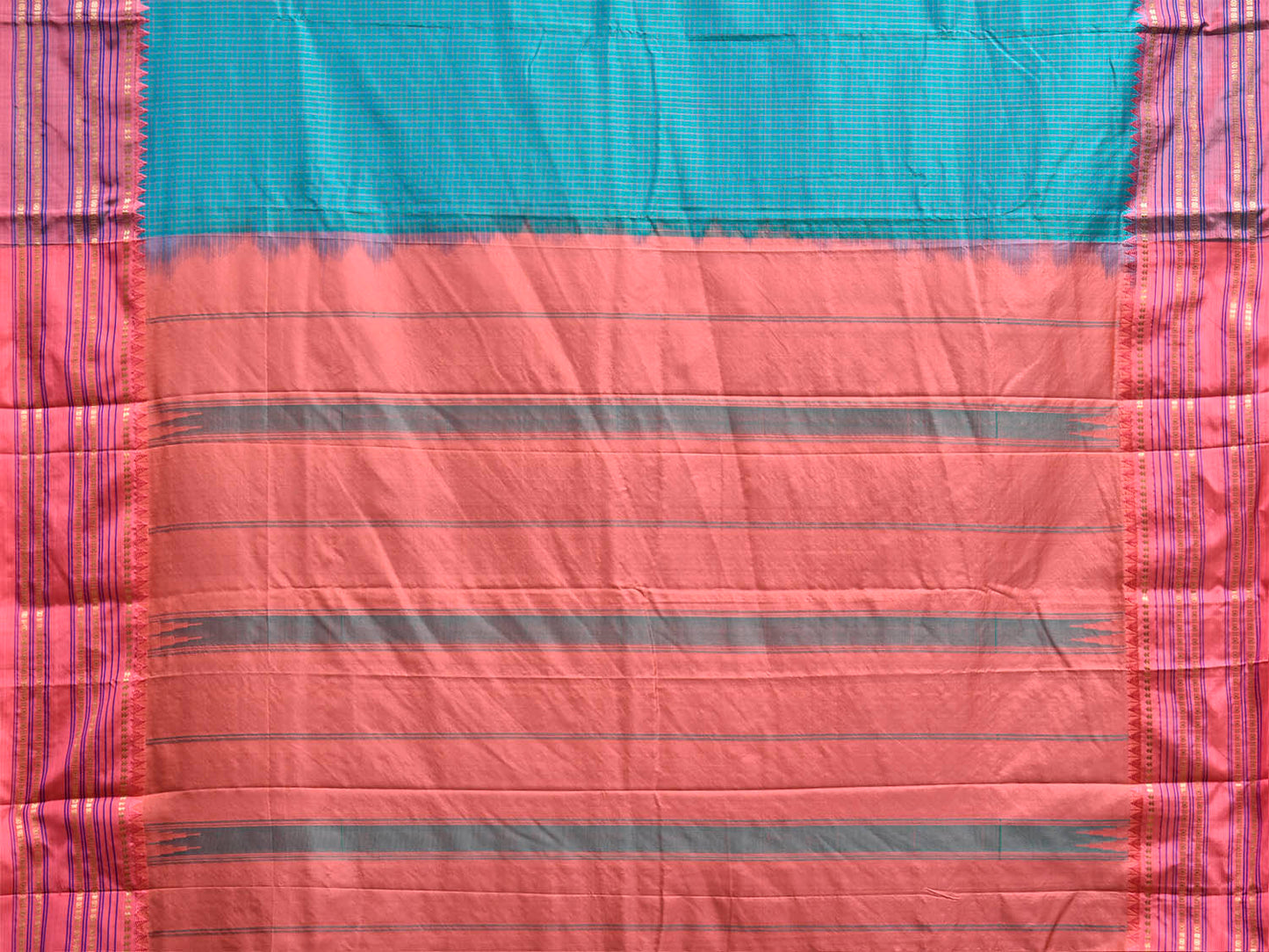 Light Blue and Peach Narayanpet Silk Saree with Checks and Contrast Pallu Design np1410