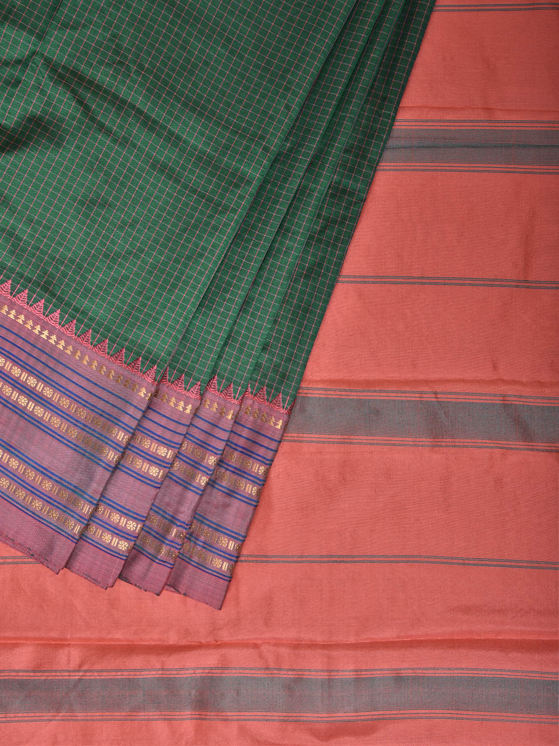 Green and Peach Narayanpet Silk Saree with Checks and Contrast Pallu Design np1411