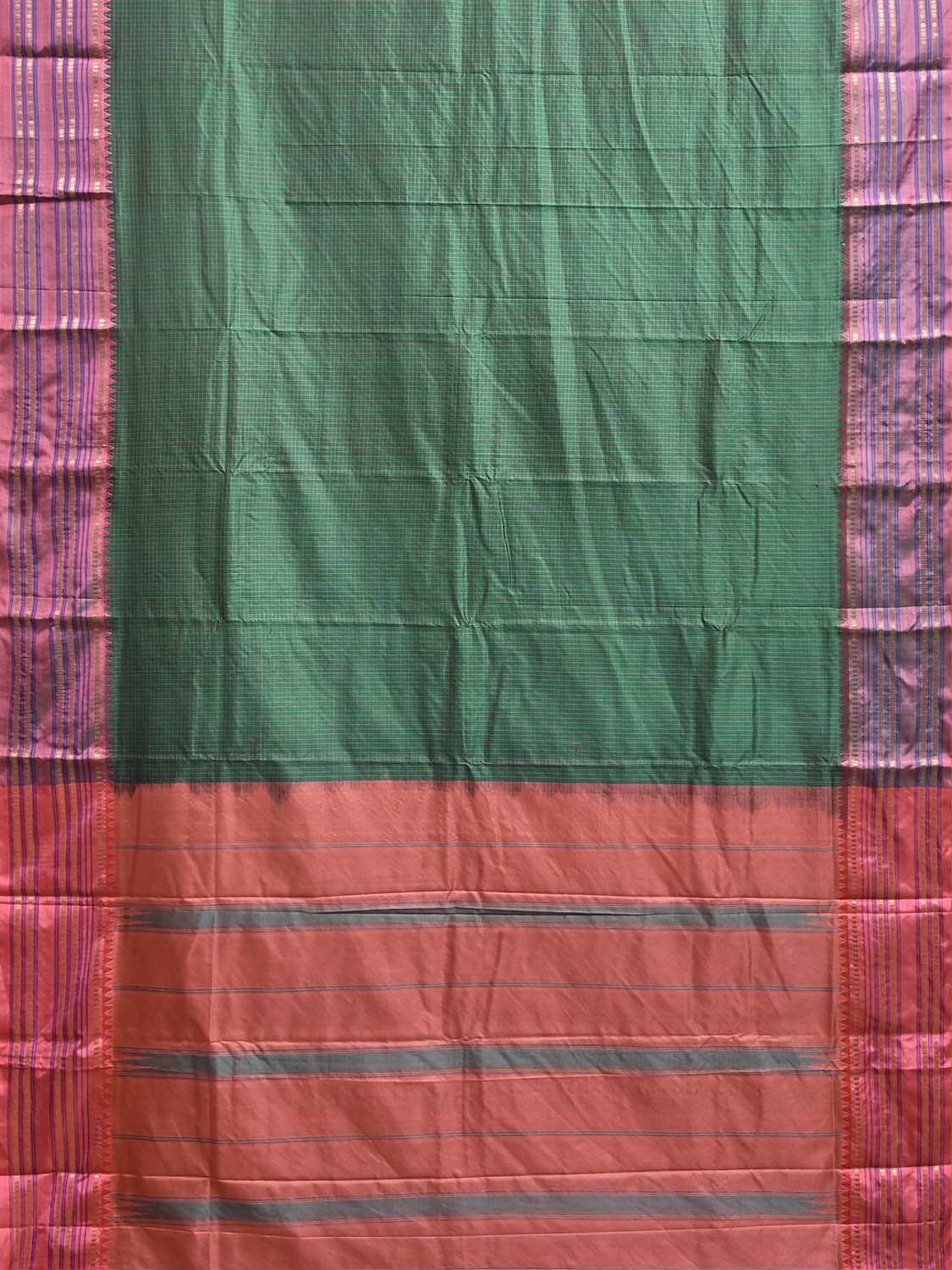 Green and Peach Narayanpet Silk Saree with Checks and Contrast Pallu Design np1411