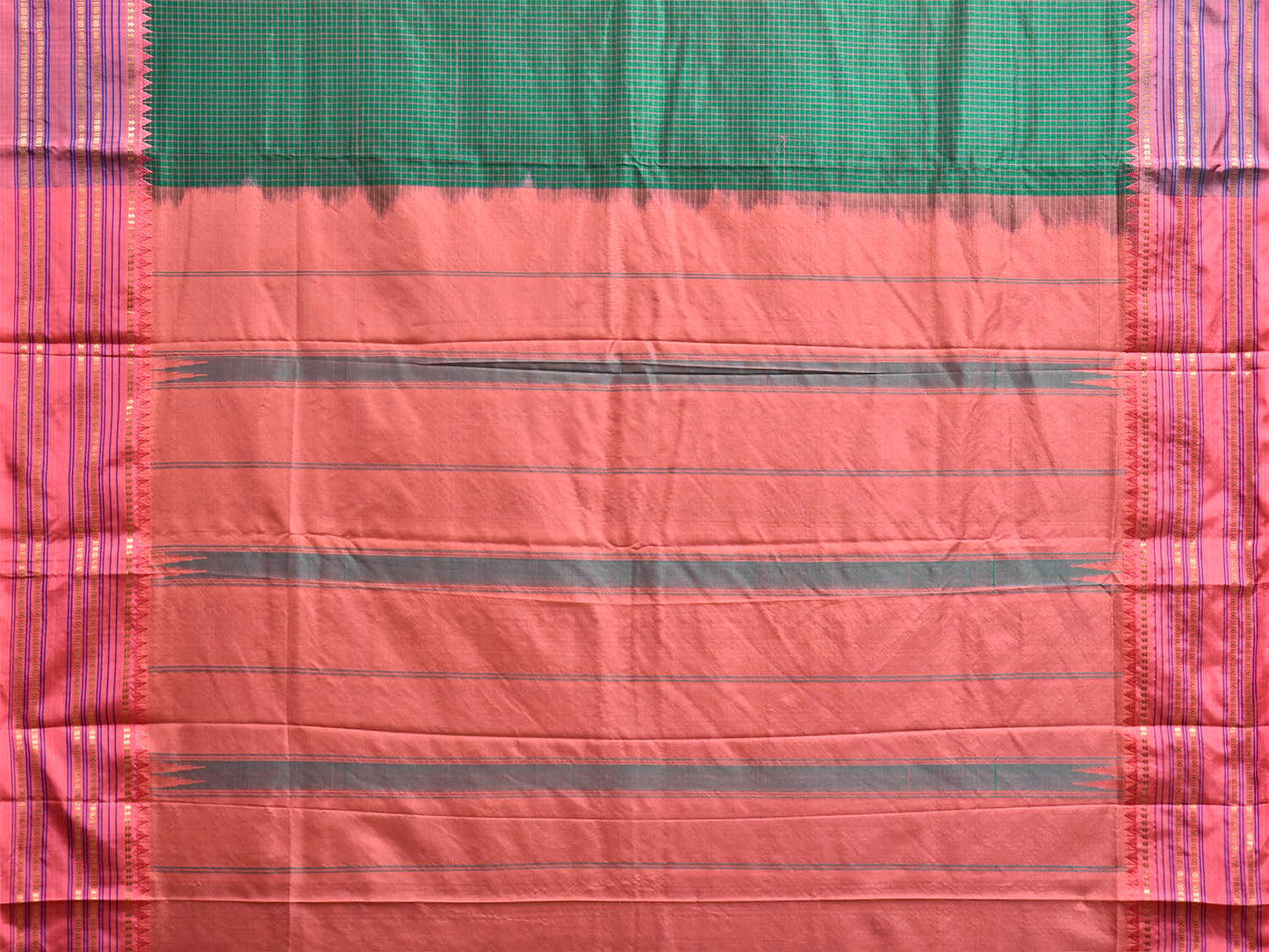 Green and Peach Narayanpet Silk Saree with Checks and Contrast Pallu Design np1411