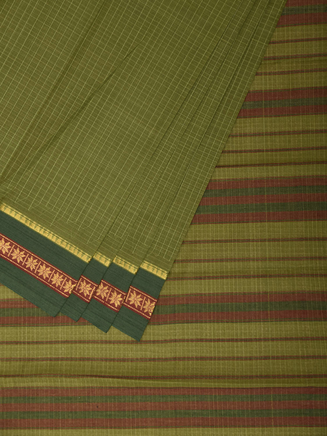 Green Narayanpet Cotton Handloom Saree with Checks Design No Blouse np1422