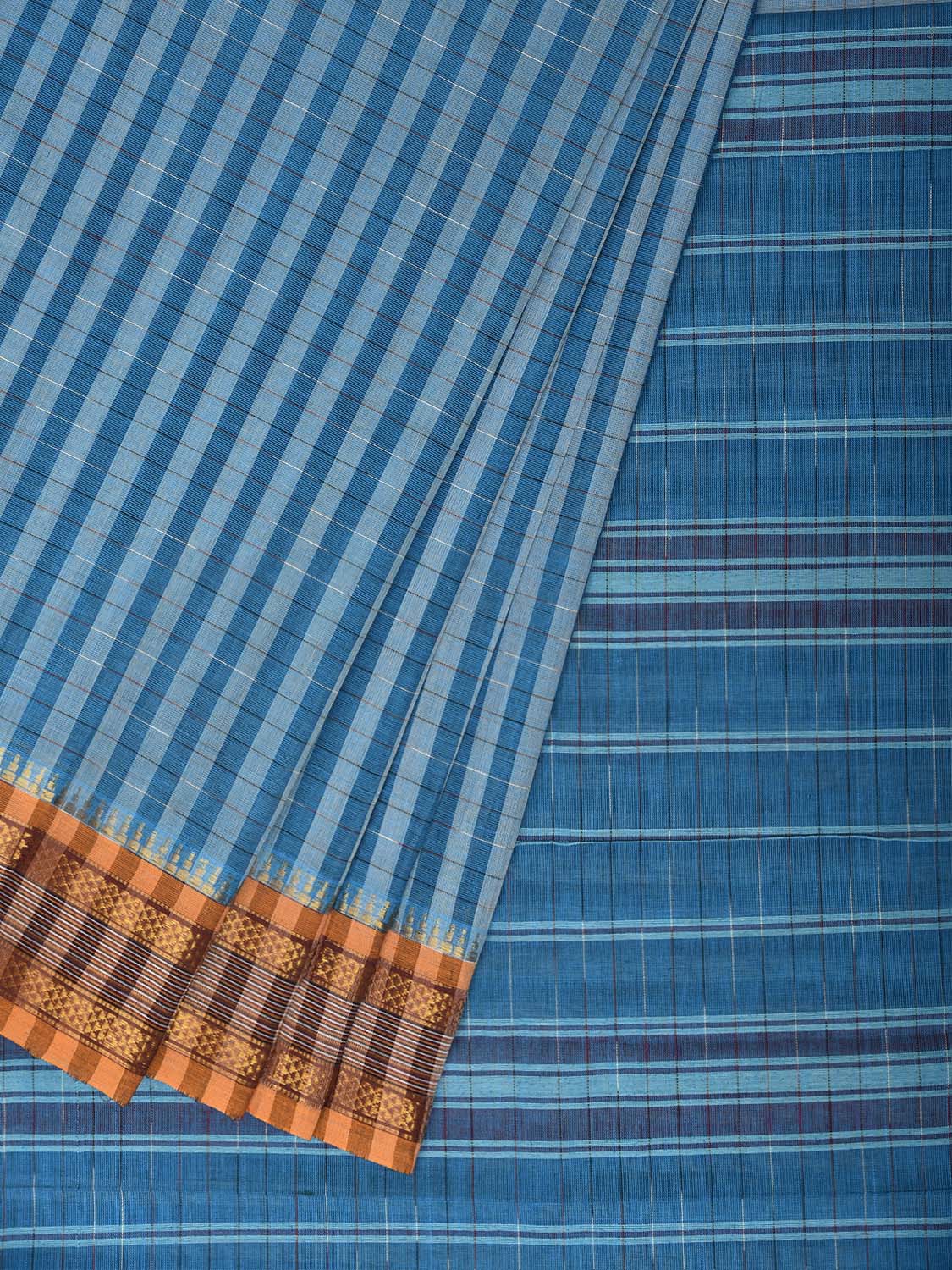Blue Narayanpet Cotton Handloom Saree with Strips and Ganga-Jamuna Border Design No Blouse np1429