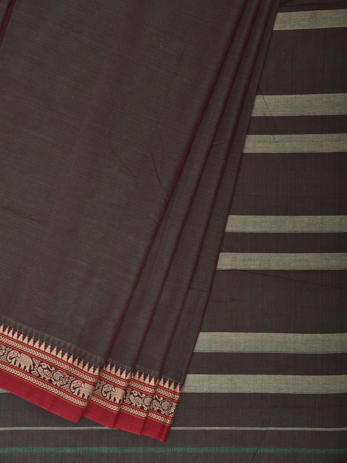 Brown Narayanpet Cotton Handloom Plain Saree with Strips Pallu Design No Blouse np1436
