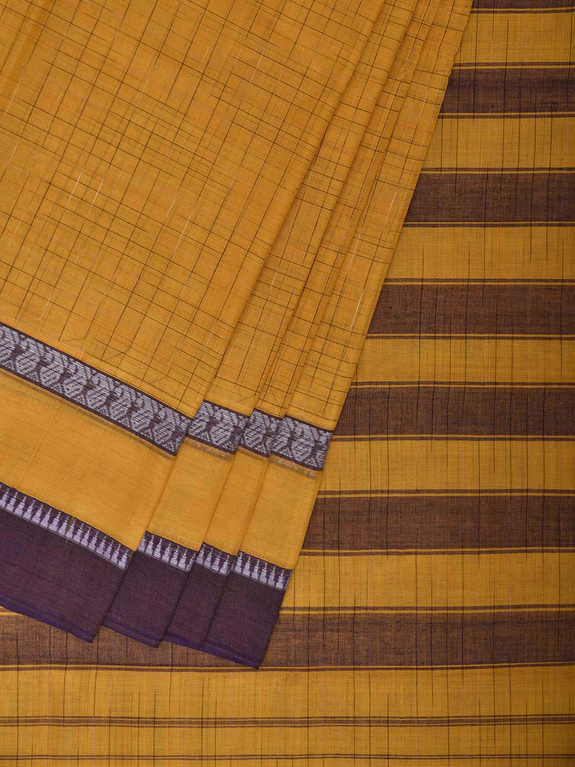 Yellow Narayanpet Cotton Saree with Checks and One Side Big Border Design No Blouse np1437