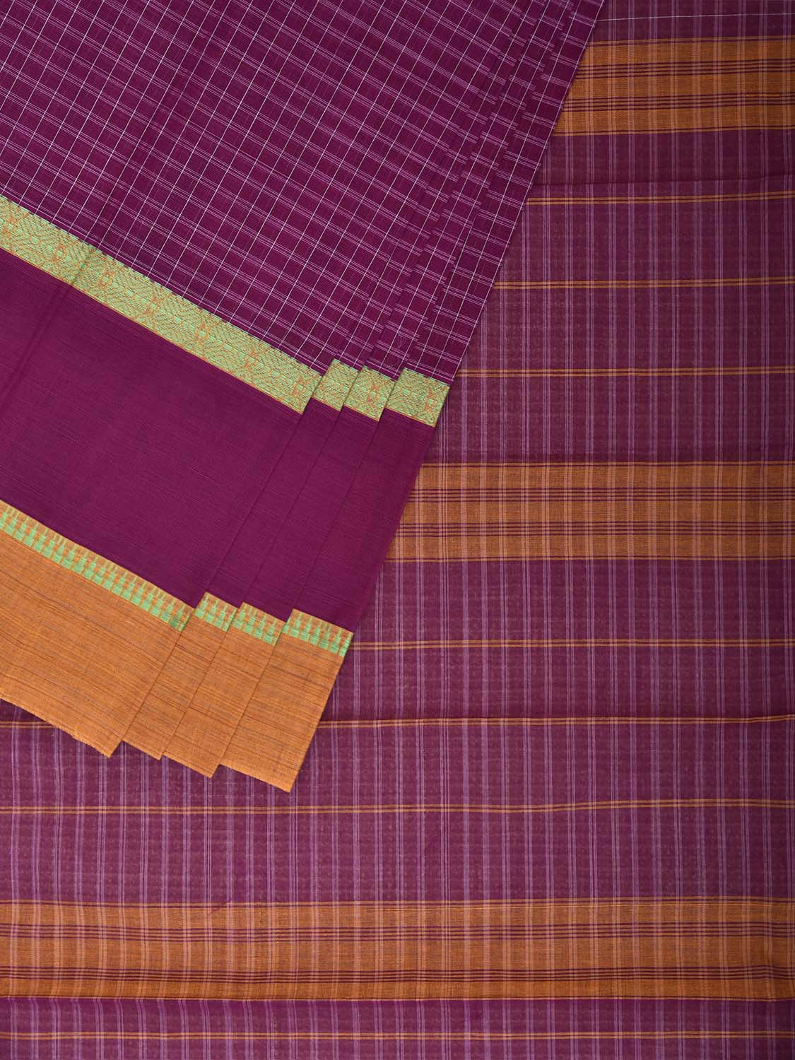 Purple and Yellow Narayanpet Cotton Saree with Checks and Big Border Design No Blouse np1441