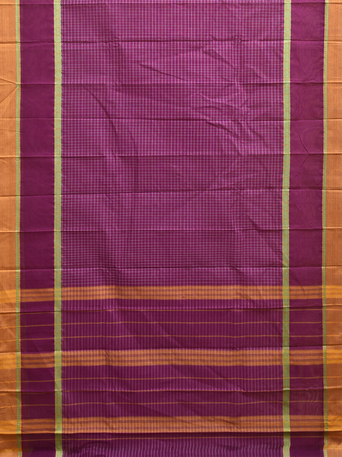 Purple and Yellow Narayanpet Cotton Saree with Checks and Big Border Design No Blouse np1441