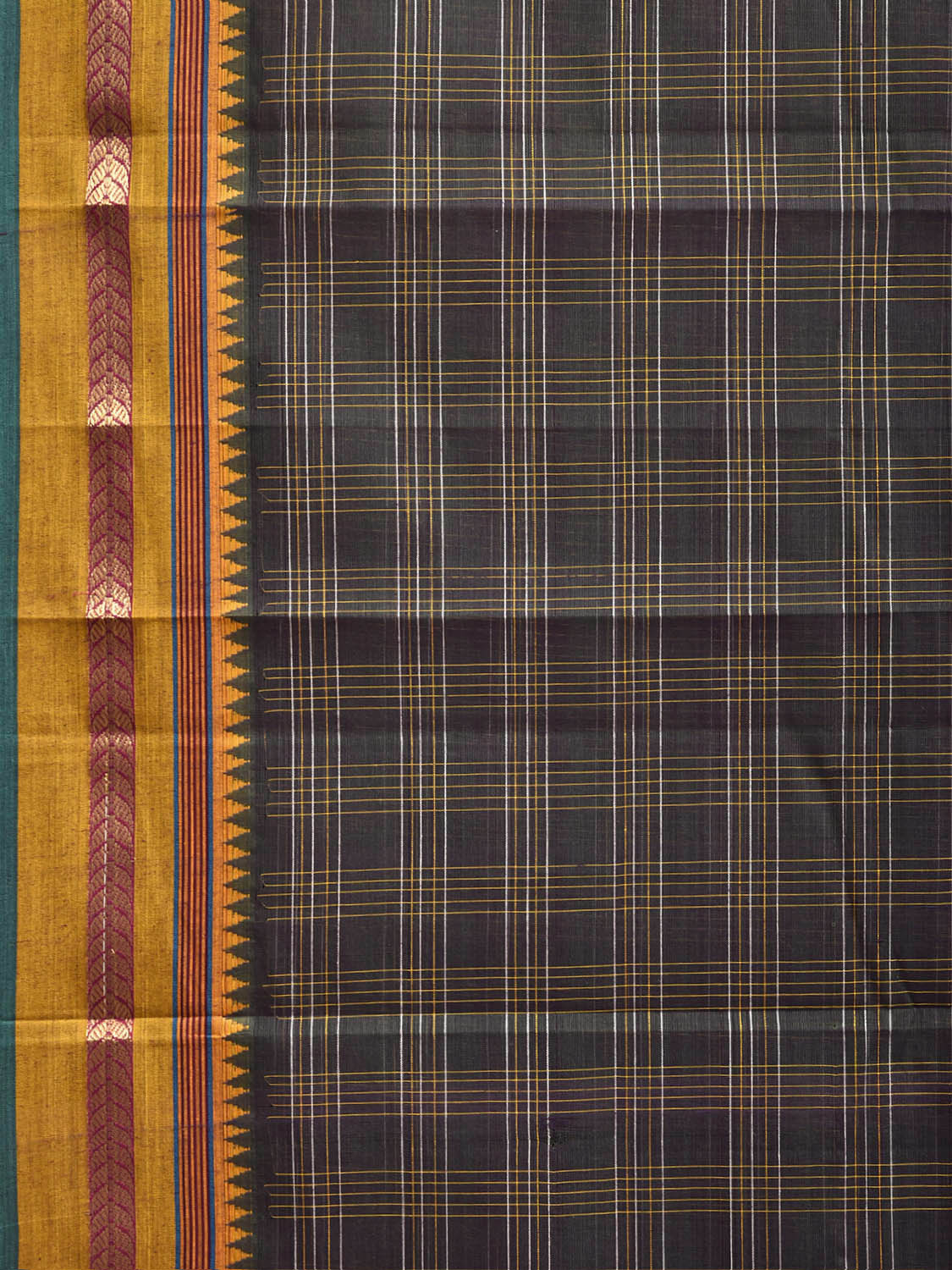 Dark Grey and Yellow Narayanpet Cotton Handloom Saree with Big Checks Design No Blouse np1453