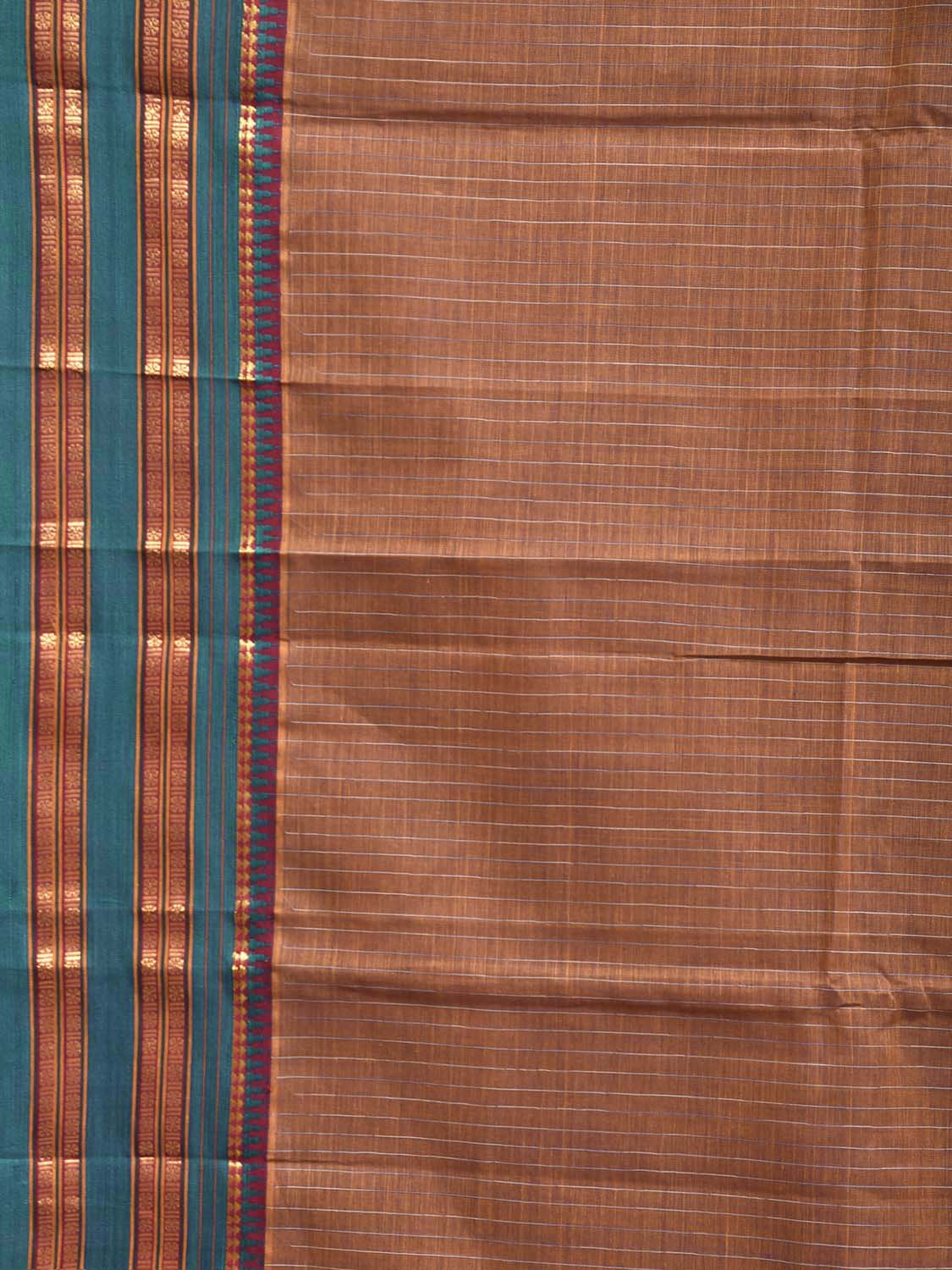 Fawn and Teal Narayanpet Cotton Handloom Saree with Strips Design No Blouse np1473