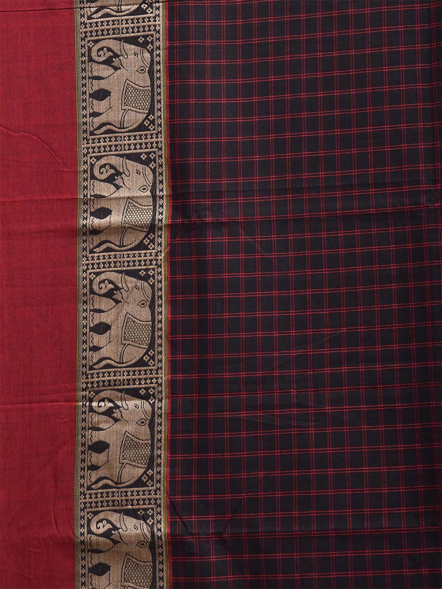 Black and Red Narayanpet Cotton Saree with Checks and Elephant Border Design No Blouse np1494