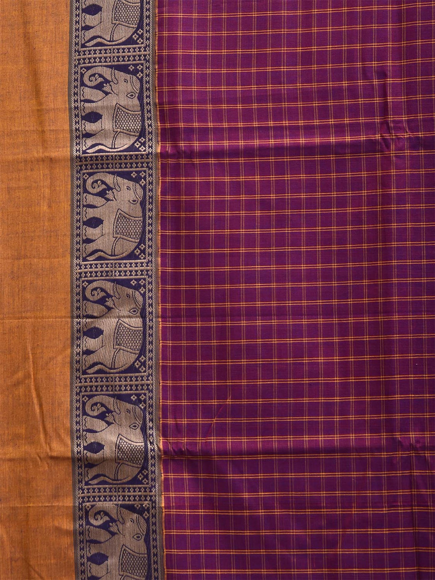 Purple and Yellow Narayanpet Cotton Saree with Checks and Elephant Border Design No Blouse np1495
